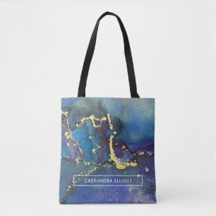 Lila Blue Aquamarin und Gold Abstrakt Liquid Art Tasche