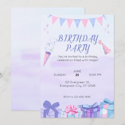 Lila Blue Birthday Bash Einladung (Vorne/Hinten)