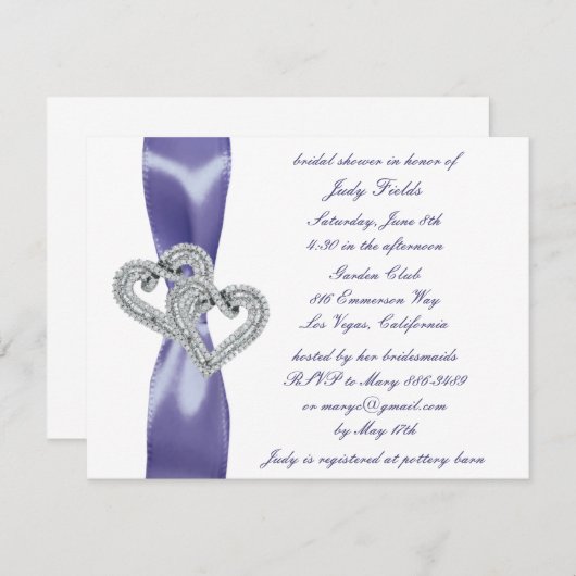 Lila Blue Diamond Hearts Brautparty Einladung (Vorne/Hinten)