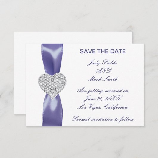 Lila Blue Diamond Herz Save the Date Karte (Vorne/Hinten)