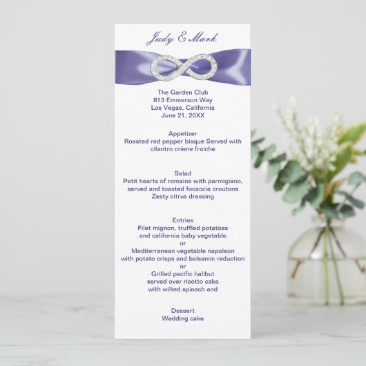 Lila Blue Diamond Infinity Wedding Menu Card Einladung (Stehend Vorderseite)