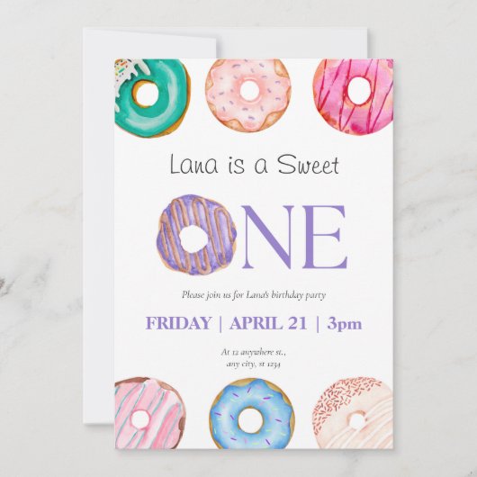 lila Blue Donut 1. Geburtstag Party Einladung (Vorderseite)