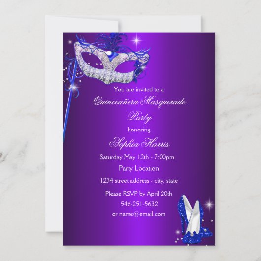 Lila & Blue Dress masquerade Quinceanera laden Einladung (Rückseite)