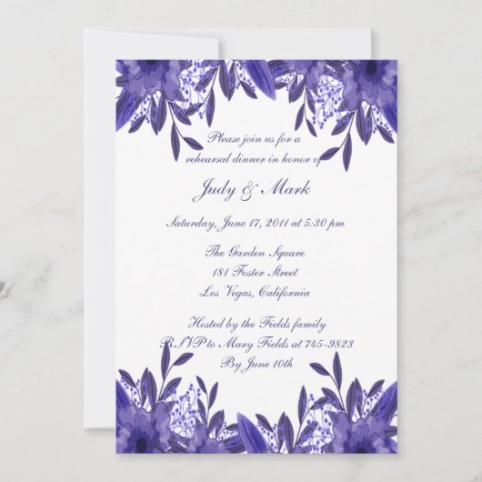 Lila Blue Floral Foliage Probe Dinner Einladung (Vorderseite)