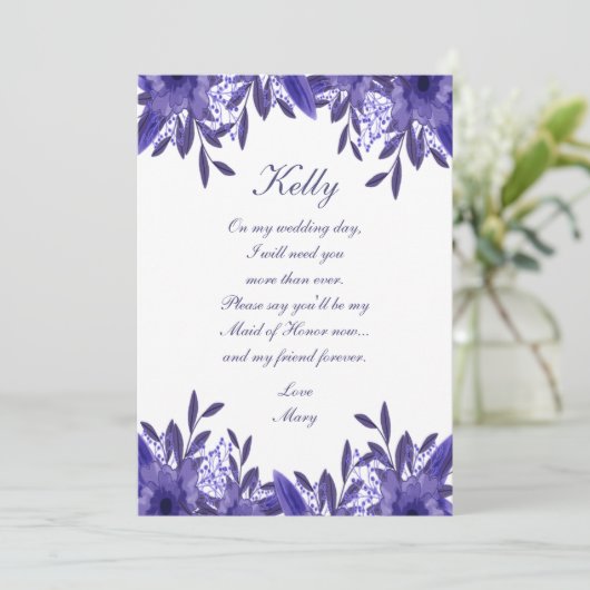 Lila Blue Floral Foliage Trauzeugin Card Einladung (Stehend Vorderseite)