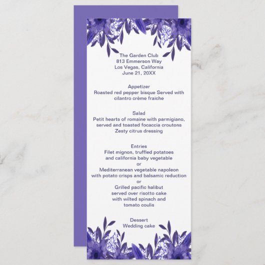 Lila Blue Floral Foliage Wedding Menu Card Menükarte (Vorne/Hinten)