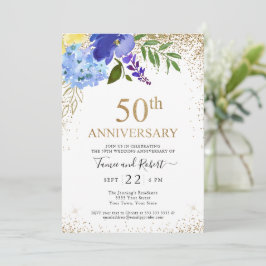 Lila Blue Floral Gold 50. Hochzeitstag Einladung
