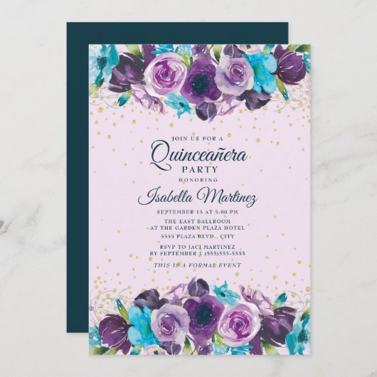 Lila Blue Floral Gold Glitzer Quinceañera Einladung (Vorne/Hinten)