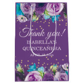 Lila Blue Floral Gold Quinceañera Vielen Dank Mittlere Geschenktüte (Rückseite)