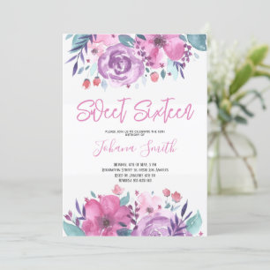 Lila Blue Floral Sechzehnte Geburtstagseinladung Einladung