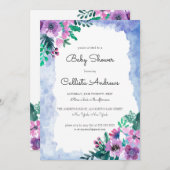 Lila Blue Floral Watercolor Babydusche Einladung (Vorne/Hinten)