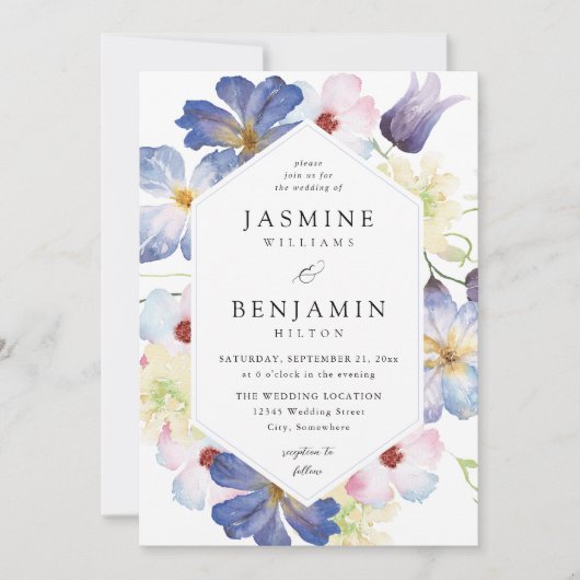 Lila Blue Floral Wedding Einladung (Vorderseite)