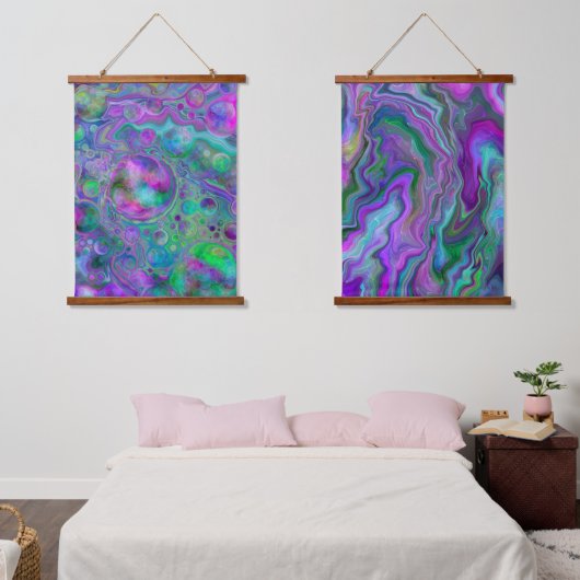 Lila Blue Fluid Art Wirbel und Blasen Wandteppich Mit Holzrahmen (Schlafzimmer)