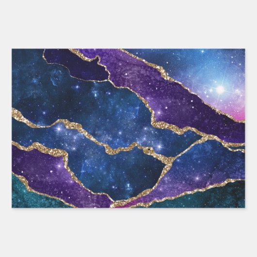 Lila & Blue Galaxy Agate mit Imitaten Gold Glitzer Geschenkpapier Set (Vorderseite 3)