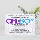 Lila & Blue Gender Reveal Baby Dusche Party Einladung (Stehend Vorderseite)