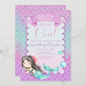 Lila Blue Glitzer Mermaid First Birthday Party Einladung (Vorne/Hinten)