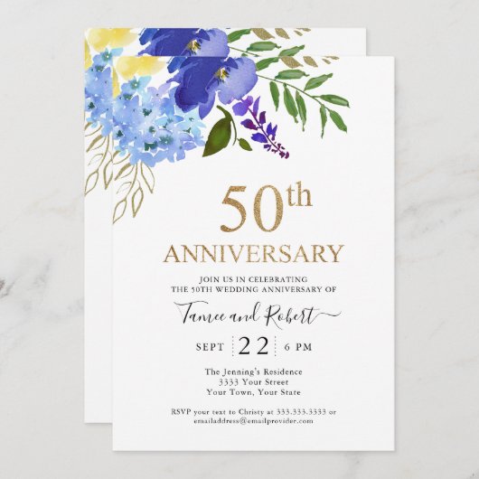 Lila Blue Gold 50. Hochzeit Einladung (Vorne/Hinten)