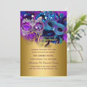 Lila Blue & Gold Maskerade Party laden ein Einladung (Stehend Vorderseite)