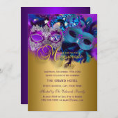 Lila Blue & Gold Maskerade Party laden ein Einladung (Vorne/Hinten)