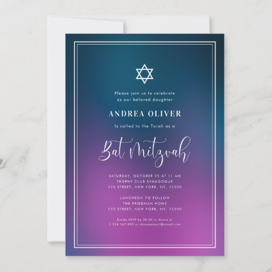 Lila Blue Gradient & Frame Bat Mitzvah Party Einladung (Vorderseite)