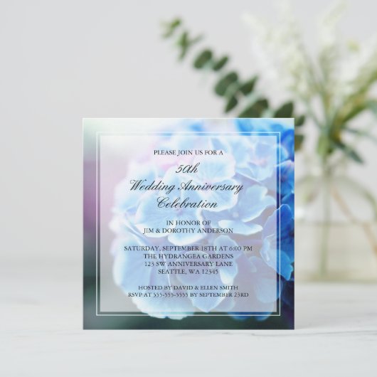 Lila Blue Hydrangea 50. Hochzeitstag Einladung (Stehend Vorderseite)