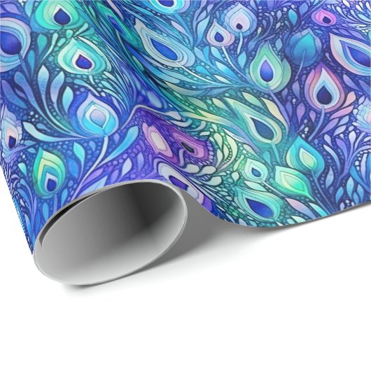 Lila Blue Mint Peacock Feathers Geschenkpapier (Rolleneckpunkt)