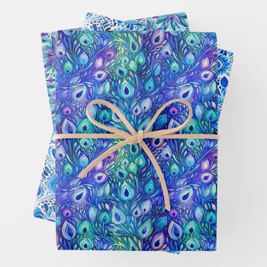 Lila Blue Mint Peacock Feathers Geschenkpapier Set (Beispiel)