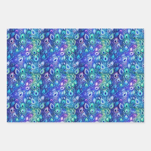 Lila Blue Mint Peacock Feathers Geschenkpapier Set (Vorderseite)