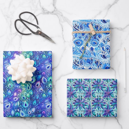 Lila Blue Mint Peacock Feathers Geschenkpapier Set (Vorderseite)