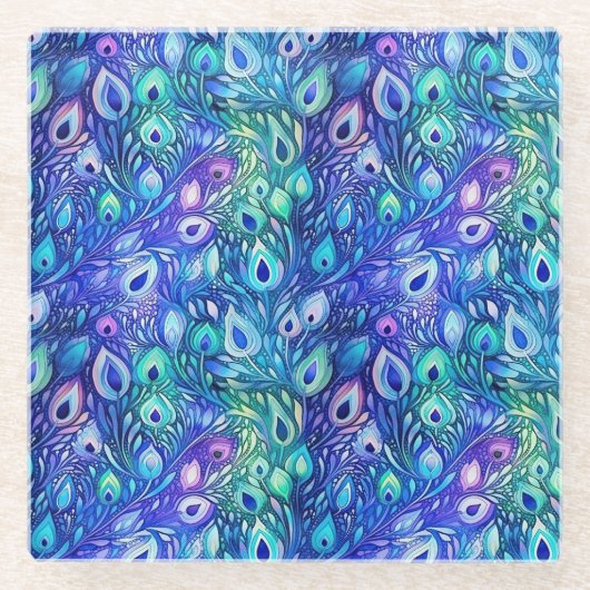 Lila Blue Mint Peacock Feathers Glasuntersetzer (Vorderseite)