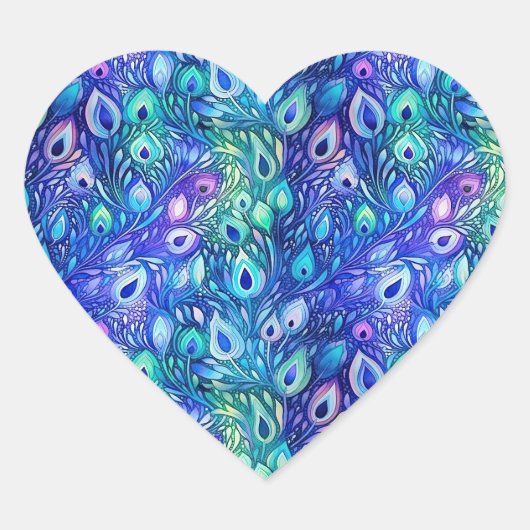 Lila Blue Mint Peacock Feathers Herz-Aufkleber (Vorderseite)