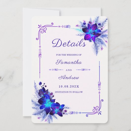 Lila Blue Orchid-Hochzeitdetails Einladung (Vorderseite)