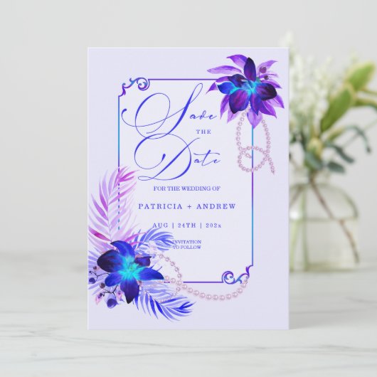 Lila Blue Orchid Wedding Speichern Sie das Datum E Einladung (Stehend Vorderseite)