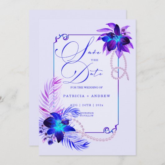 Lila Blue Orchid Wedding Speichern Sie das Datum E Einladung (Vorne/Hinten)