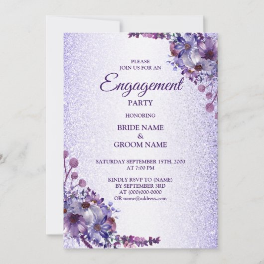 Lila Blue Pink Floral Glitzer Engagement Party Einladung (Vorderseite)