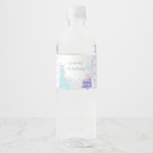 Lila Blue Princess Girl Birthday Party Wasserflaschenetikett (Vorderseite)