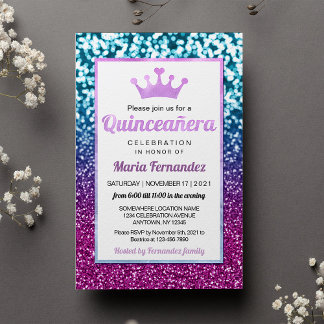Lila Blue Princess Quinceañera Bokeh Einladung