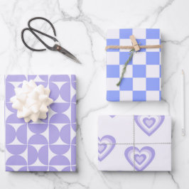 Lila Blue Retro 60er 70er Geometric Heart Romantic Geschenkpapier Set