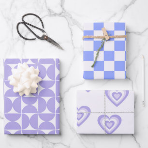 Lila Blue Retro 60er 70er Geometric Heart Romantic Geschenkpapier Set