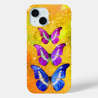 Lila BLUE-SCHALTFLÄCHEN IN GOLDGELBE iPhone 15 Hülle