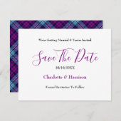 Lila Blue Scottish Tartan Kariert Wedding Save The Date (Vorne/Hinten)
