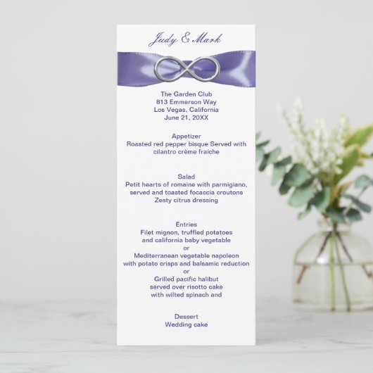 Lila Blue Silver Infinity Wedding Menu Card Einladung (Stehend Vorderseite)