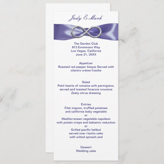 Lila Blue Silver Infinity Wedding Menu Card Einladung (Vorne/Hinten)