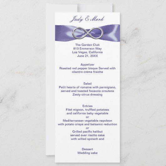 Lila Blue Silver Infinity Wedding Menu Card Einladung (Vorderseite)