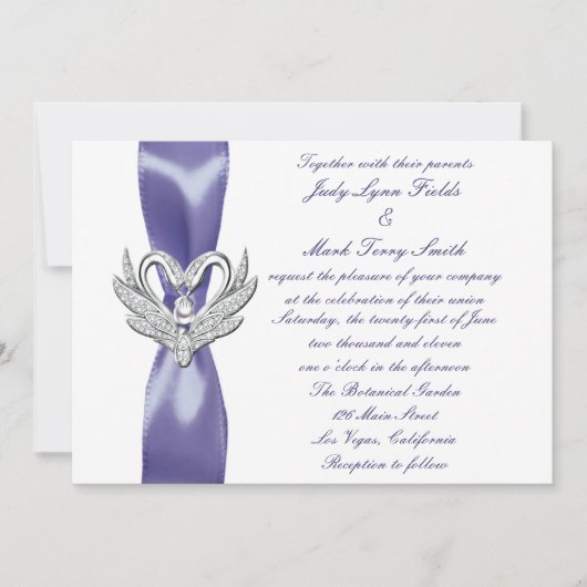 Lila Blue Silver Swans Hochzeitseinladung Einladung (Vorderseite)