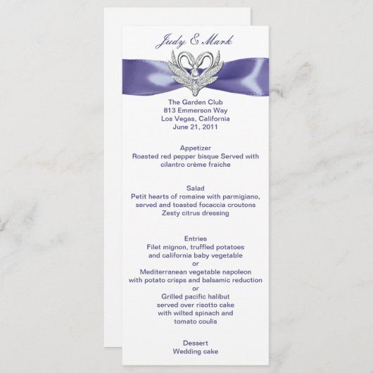 Lila Blue Silver Swans Wedelmenu Card Einladung (Vorne/Hinten)