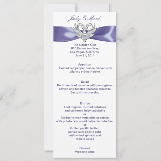 Lila Blue Silver Swans Wedelmenu Card Einladung (Vorderseite)