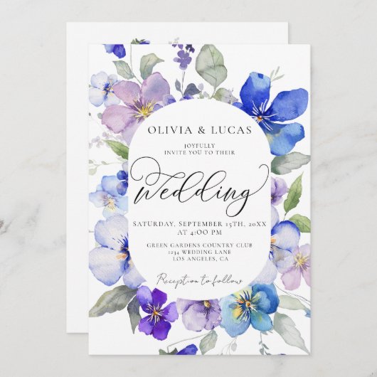 Lila Blue Spring All in 1 Budget QR Hochzeit Einladung (Vorne/Hinten)