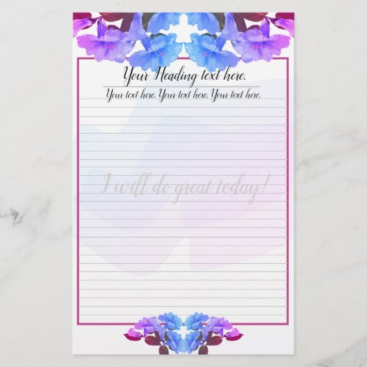Lila Blue Trumpet-Blume Lined Writing Paper Briefpapier (Vorderseite)