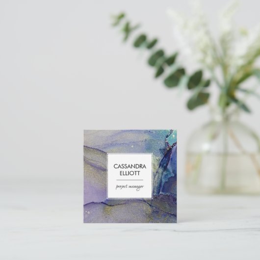 Lila Blue Turquoise & Gold Abstrakt Liquid Art Quadratische Visitenkarte (Stehend Vorderseite)